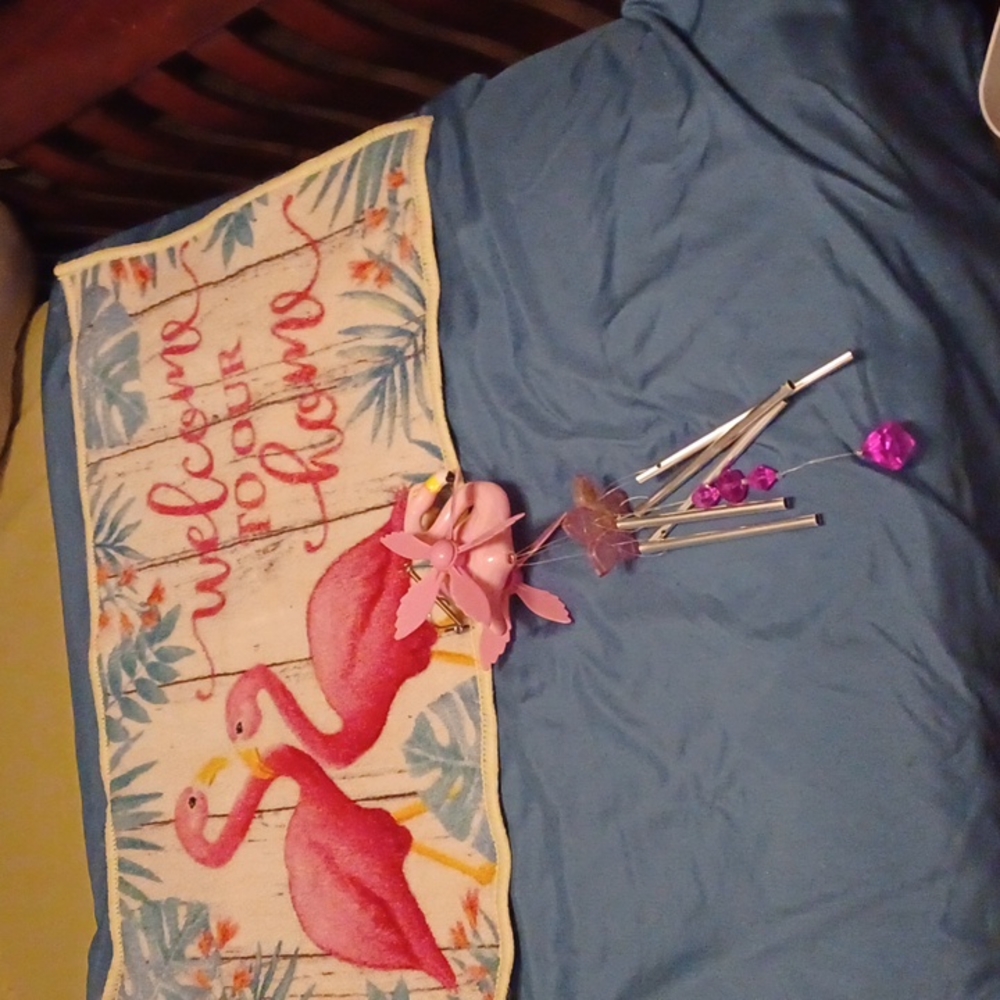 Flamingo wind chime and flamingo welcome rug